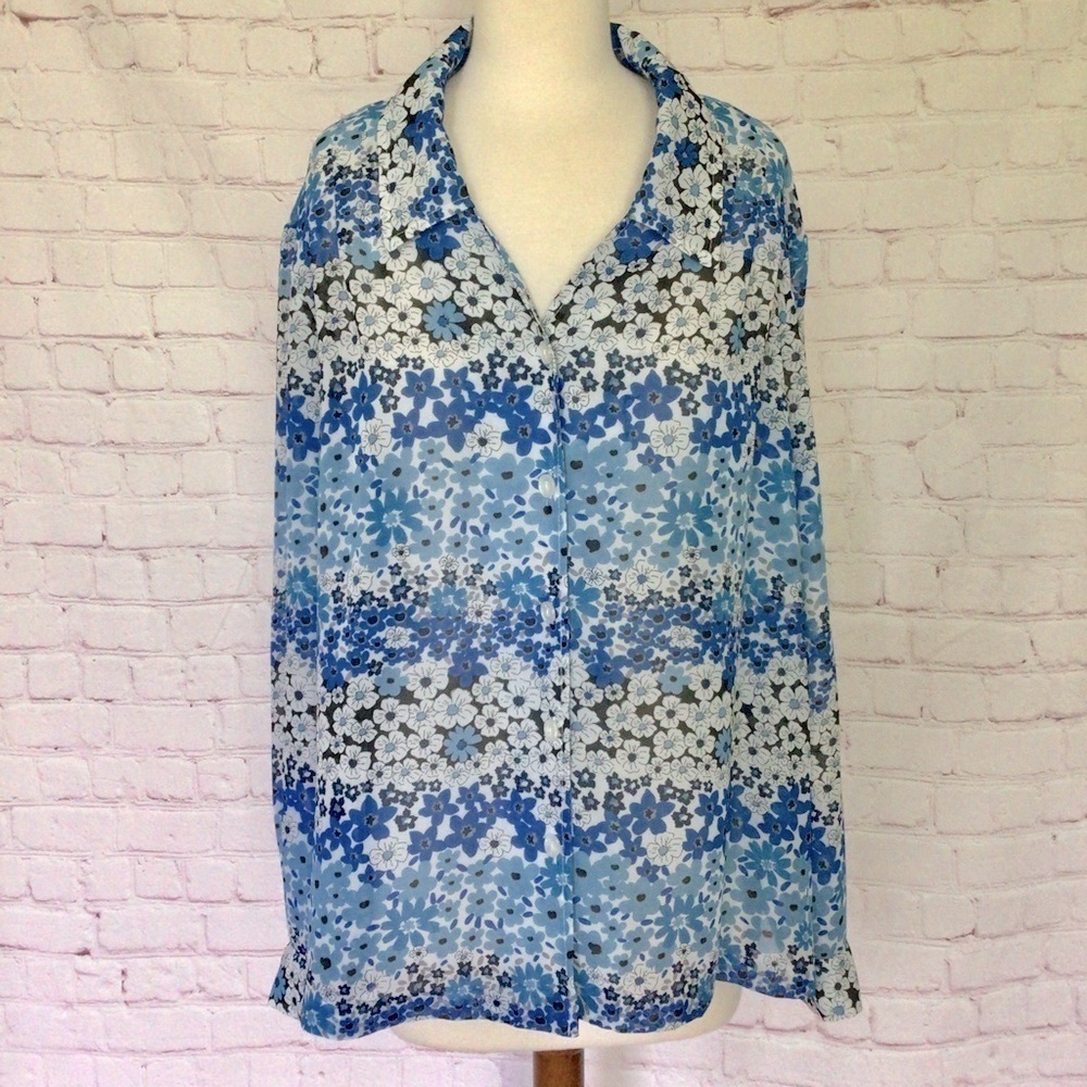 Blair Blue and White Floral Long Sleeve Button Down Sheer Top - Size Large